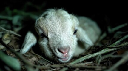 Cute Baby Goat Lying in Nest Surrounded by Leaves with Soft Lighting and Gentle Features Captured in Nature's Scene