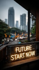 Neon Sign Highlighting Future Opportunities with Cityscape Background in Urban Setting, Inspiring Change and Motivation for Personal Growth and Development