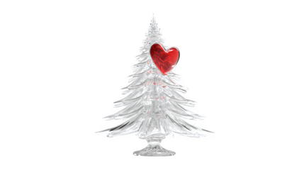 A 3D render of a Christmas tree made of clear glass, with a single, glowing red heart suspended inside. Ethereal and romantic, isolated on white background.