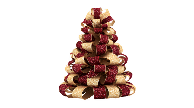 A 3D render of a Christmas tree made of stacked, glittering red and gold bows, creating an abstract conical form. Artistic and luxurious, isolated on white background.