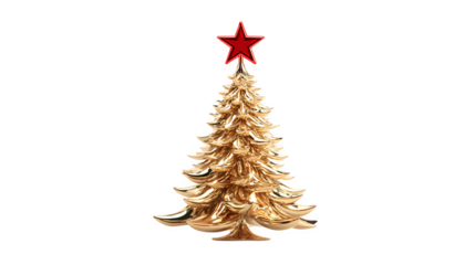 A 3D render of a Christmas tree made of polished, reflective gold, with a single, glowing red star at its peak. Luxurious and modern, isolated on white background.
