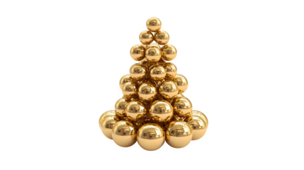 A 3D render of a Christmas tree made of stacked, polished gold spheres, creating a striking abstract form. Modern art, opulent, isolated on white background.