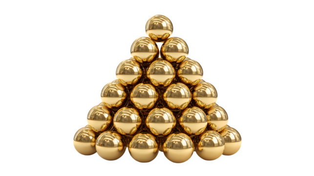 A 3D render of a Christmas tree made of stacked, polished golden spheres, creating a luxurious abstract form. Modern art, opulent, isolated on white background.