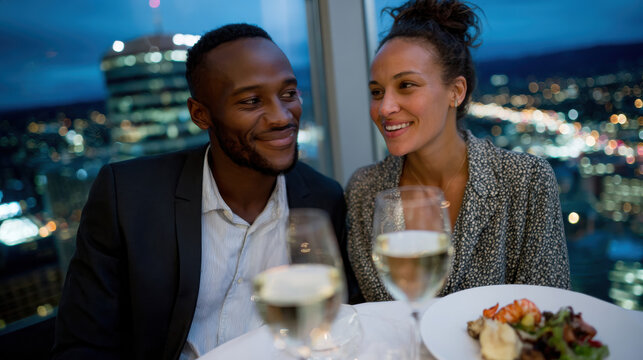 A stylish couple enjoys a romantic dinner with city lights glowing in the background, highlighting elegance, connection, and urban nightlife. - Powered by Adobe