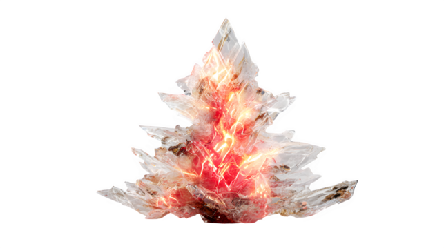 A 3D render of a Christmas tree made of clear ice, with glowing red and gold light sources inside. Ethereal and futuristic, isolated on white background.