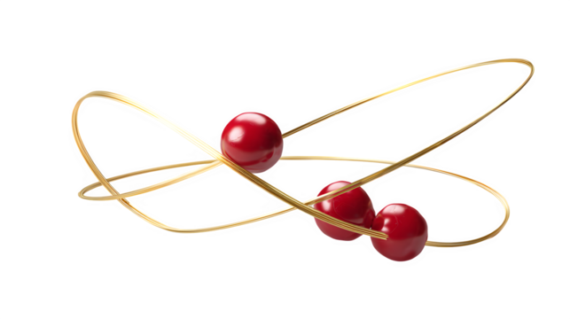 A 3D render of a minimalist Christmas wreath made from a single, twisted golden branch, with three small, glossy red berries attached. Modern and elegant, isolated on white background.