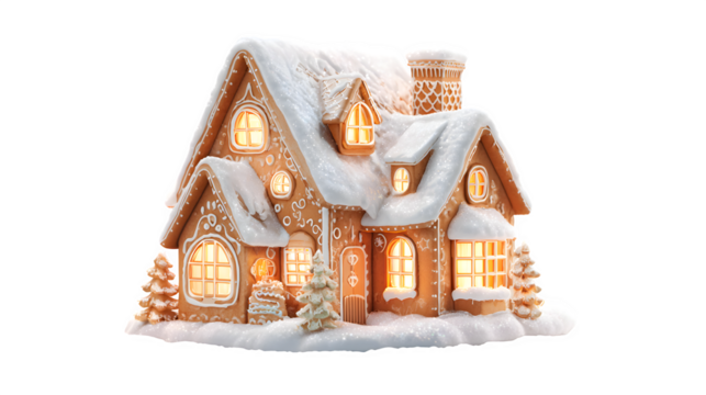 A 3D render of a perfect, flawless gingerbread house, with glowing windows and icing snow. Digital art, cinematic quality, isolated on white background.