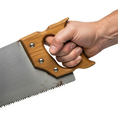 Man's Hand Holding a Wood Handle Hand Saw on White Background