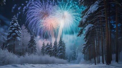 Magical winter forest illuminated by vibrant fireworks display on a snowy night