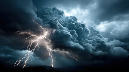 Dramatic Thunderstorm with Dark Clouds and Bright Lightning Strikes Illuminating the Sky Over a Remote Landscape