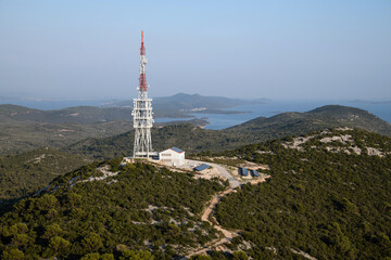 The view of Ugljan island mountains and nature with transmission tower located on Ugljan island, Croatia