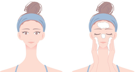 Obraz premium ヘアバンドをつけて洗顔をしている女性のイラスト