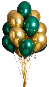 A vibrant bouquet of gold and emerald green, shiny balloons