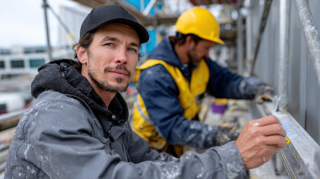 Two diligent construction workers focused on their tasks, showcasing the dedication and teamwork required in the construction industry for building and renovation projects.