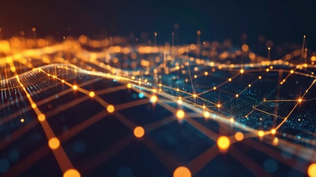 Network grid with glowing connections and nodes in a futuristic landscape.