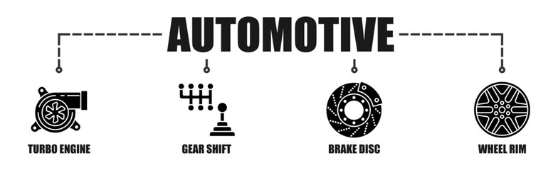 Automotive banner web icon vector illustration concept with icon of  Turbo Engine, Gear Shift, Brake Disc, Wheel Rim.