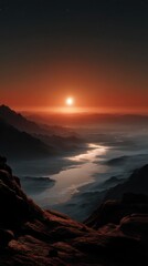 Serene Sunset Over Mountainous Landscape with River, Capturing Tranquil Nature and Atmospheric Beauty in Rich Colors and Smooth Gradients