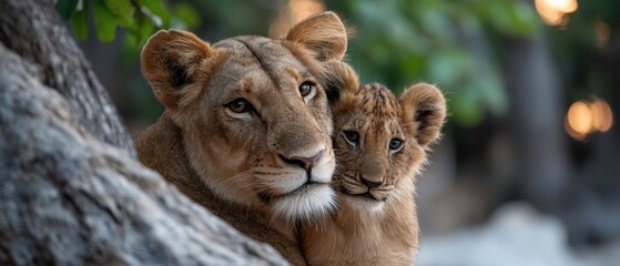 Obraz premium Tender Moment Between Lioness and Her Playful Cub in Natural Habitat at Sunset Under Soft Greenery