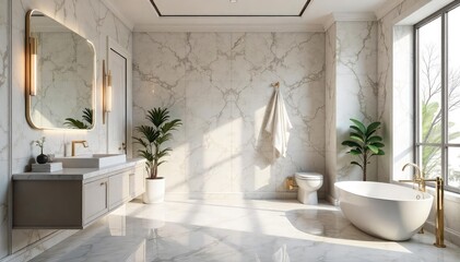 Luxurious bathroom featuring elegant marble flooring, walls, and a vanity countertop The natural veining adds a touch of sophistication and timeless beauty to the space , bathroom, white, walls