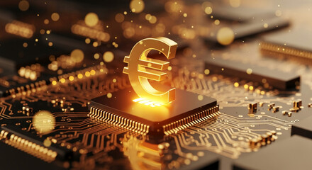 Close-up on a gold euro symbol on a black microchip, golden circuit background, representing digital finance, technology and global economy