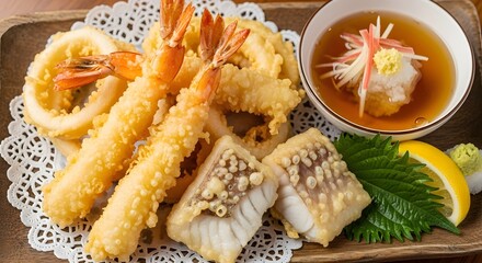 Delicious tempura assortment featuring shrimp, squid, and fish served with dipping sauce on a decorative plate
