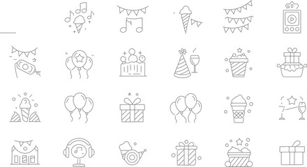 Simple Line Art Birthday Party Celebration Elements Line Icons Set