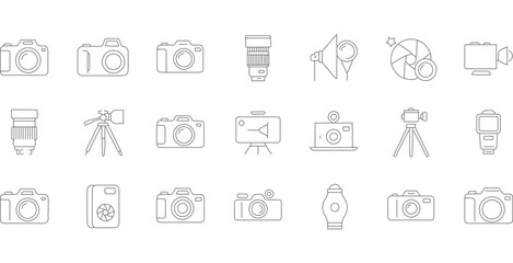 Minimalist Line Art Camera Equipment Icon Set for Digital Photography