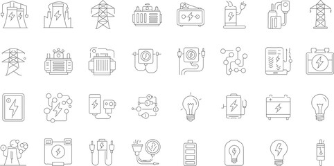 Thin Line Style Electricity Power Generation and Distribution Energy Icons Set