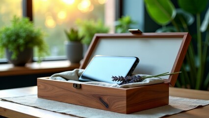 Smartphone in wooden digital detox box with lavender