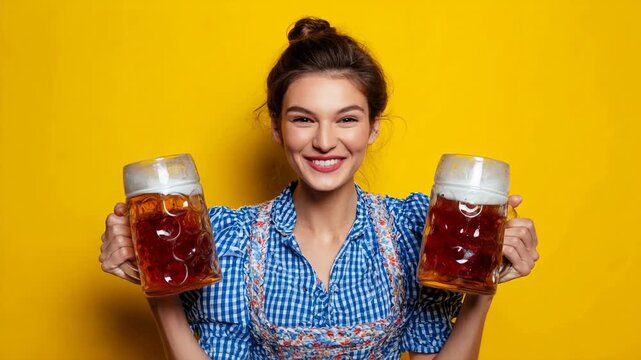 Woman enjoying beer yellow background