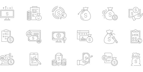 Outline Stroke Money Finance Icon Set on White Background Illustration