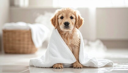 Sweet golden retriever puppy, fresh from a soothing bath, wrapped comfortably in a pristine white towel, sits patiently on the clean bathroom tiles, exuding cuteness