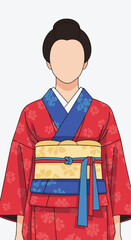 Vector Illustration of Traditional Kimono with Floral Pattern in Modern Minimalist Style Featuring Red Blue and Yellow Colors