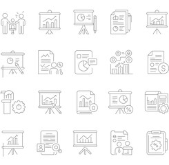 Simple Line Style Business Presentation Screen With Graphic Data Icon Set