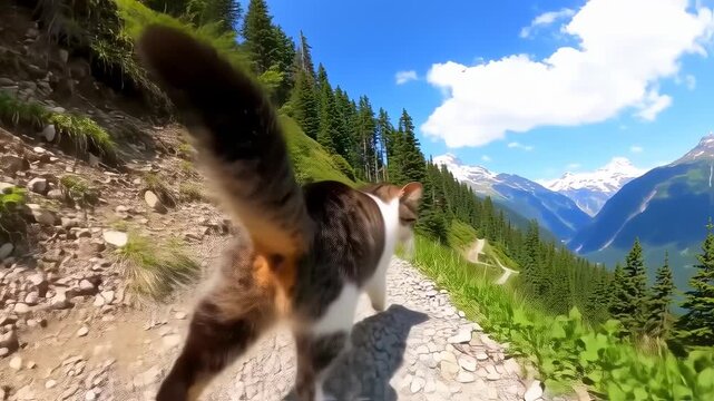 Adventurous Cat Hikes on a Scenic Mountain Trail in Summer.