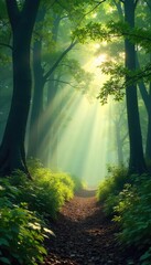 Obraz premium Misty morning in a lush forest, sunlight dappling through leaves, creating a mystical, breath-taking scene The air is still and fresh, a feeling of serenity and peace pervades , peaceful, background
