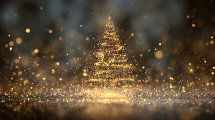 A beautiful Christmas tree made of golden bokeh glitter particles, dissolving into sparkling snow and starlight. Abstract and magical, designed for a transparent PNG background.