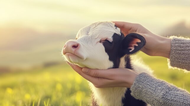 human hand pats a small calf in a field