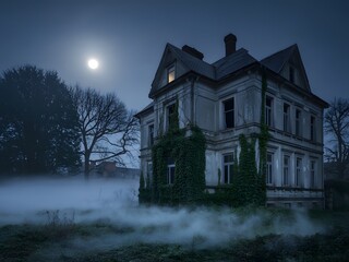 Eerie victorian mansion shrouded in mist under a full moon evoking a sense of mystery and haunting solitude