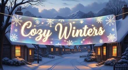 Fototapeta premium A snowy street scene with houses and a banner that says cozy winters with snowflakes and lights, creating a festive atmosphere