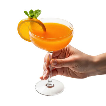 Hand Holding Orange Cocktail in Martini Glass Isolated on White