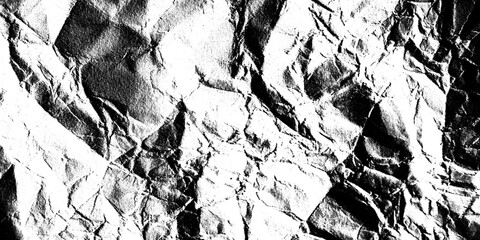 Crinkled paper texture in black and white, showing deep folds and sharp creases, creating a dramatic and tactile surface isolated on transparent background