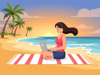work life balance businesswoman working remotely beautiful beach digital nomad lifestyle