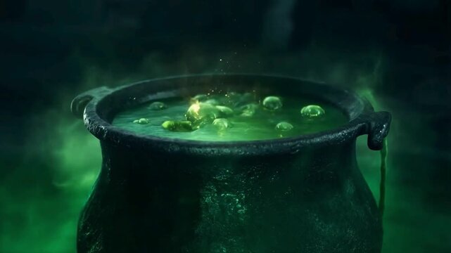 Witch&rsquo;s cauldron bubbling with glowing green mist