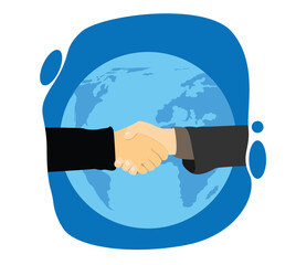 Handshake with Planet Globe World in the Background. Doing business and global partnership making a deal vector art