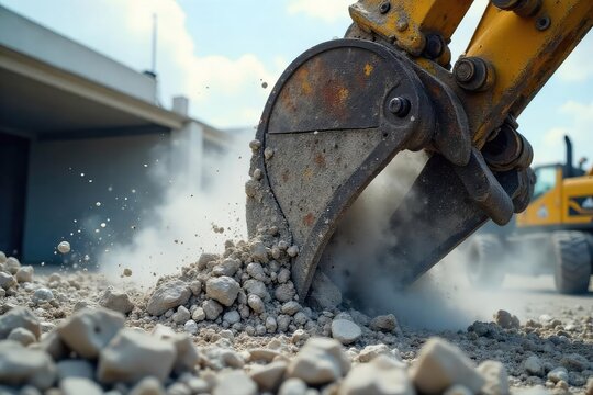 Powerful demolition claw tearing down a concrete structure, dust and debris flying Heavy machinery, industrial equipment at work Close-up view of the powerful claw in action , tearing, crushing