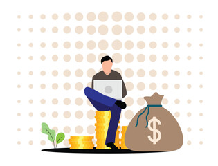 Man Sitting and Working with Laptop on a Pile of Coins. People and professions or activities, white collar worker and company leader CEO vector art
