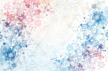 Fototapeta premium Colorful watercolor illustration featuring delicate snowflakes and floral patterns in shades of pink, blue, and white, creating a whimsical winter-themed background with copy space