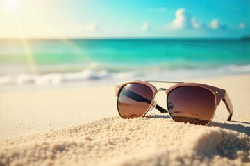 Relaxing beach scene featuring stylish sunglasses resting on soft sand, gently warmed by the sun Perfect for summer, travel, and vacation themes , sky, peaceful