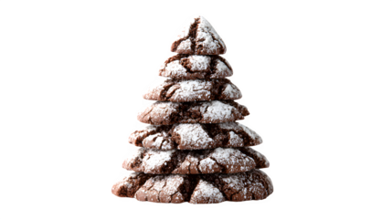 A chocolate crinkle Christmas tree cookie, rich dark texture, lightly dusted with powdered sugar. Rustic and inviting, isolated on white background.